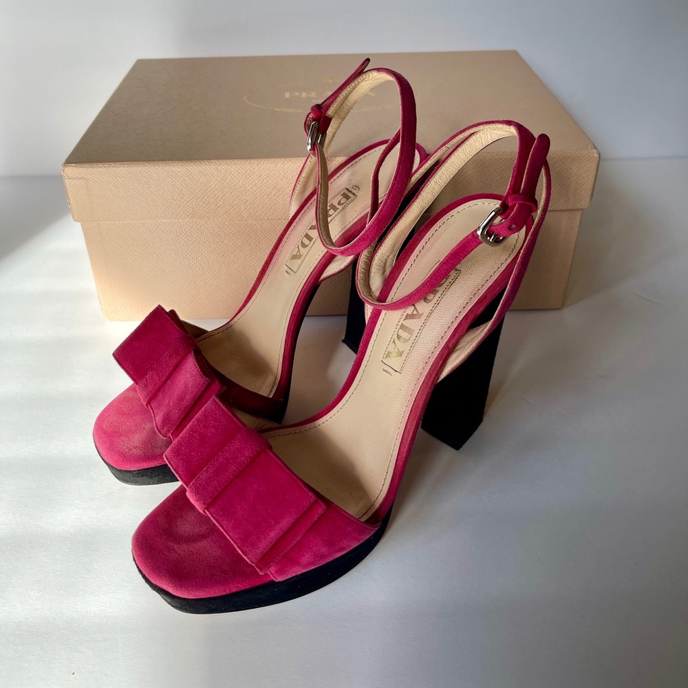 Prada Pink Bow Suede Peep Toe platform Heels sandals 37.